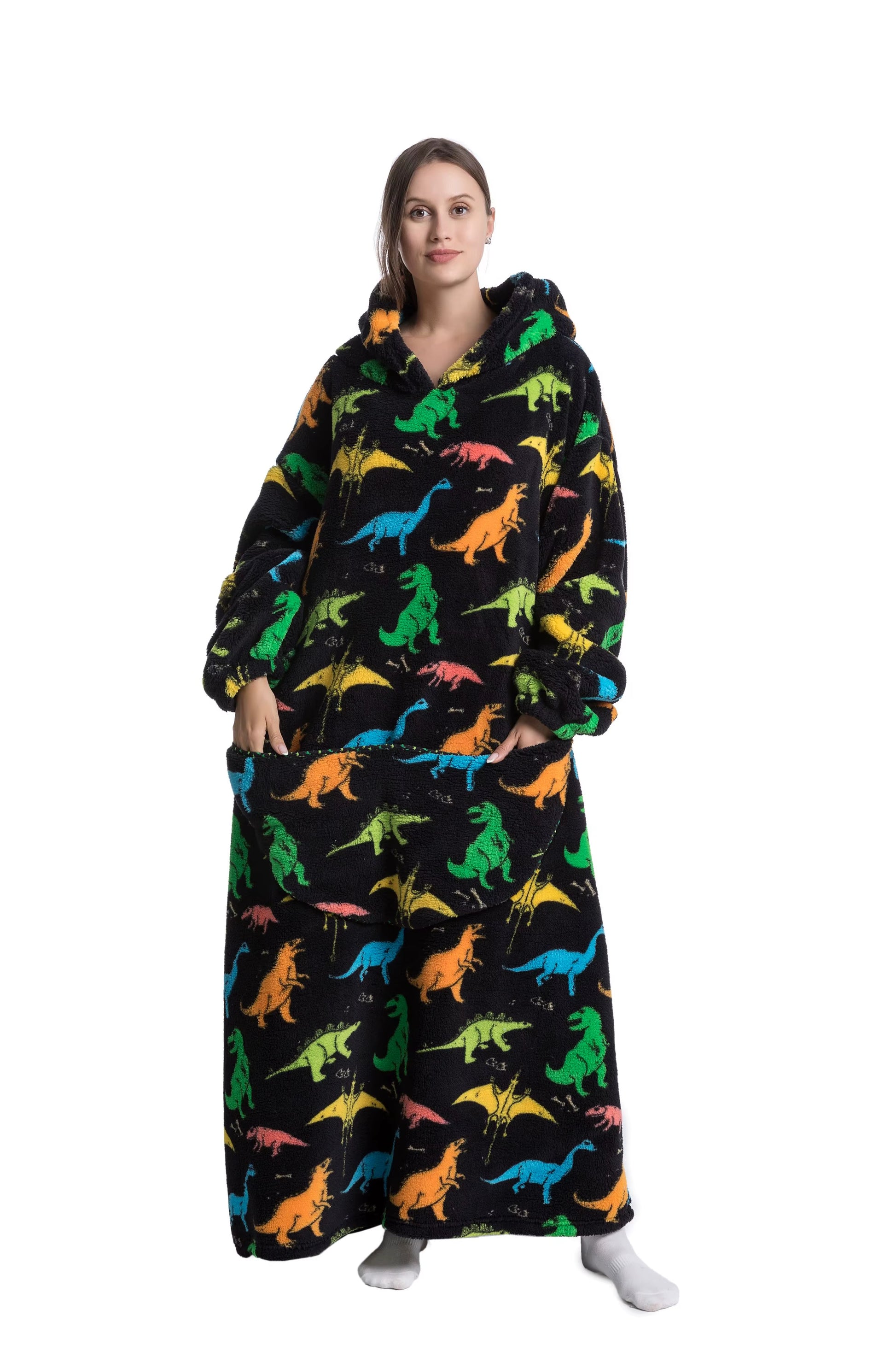 Myshoodie (Oversized) - Varm, mysig och stor hoodie 140cm (Vuxen - Lång) Dinosaurier (multifärg)