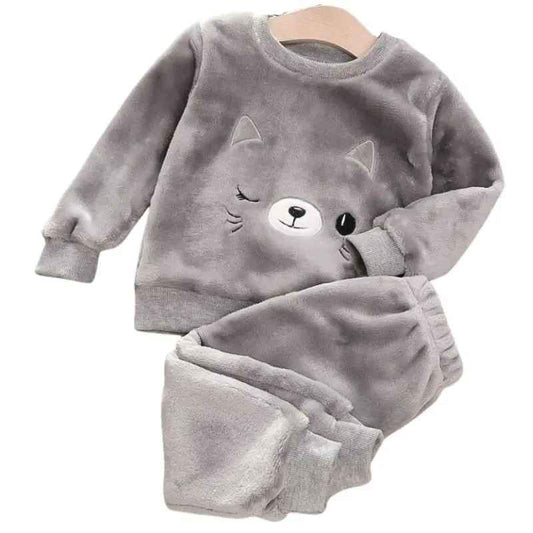 Fleece Pyjamas Barn – Vintermysigt 2-delat Set Grå